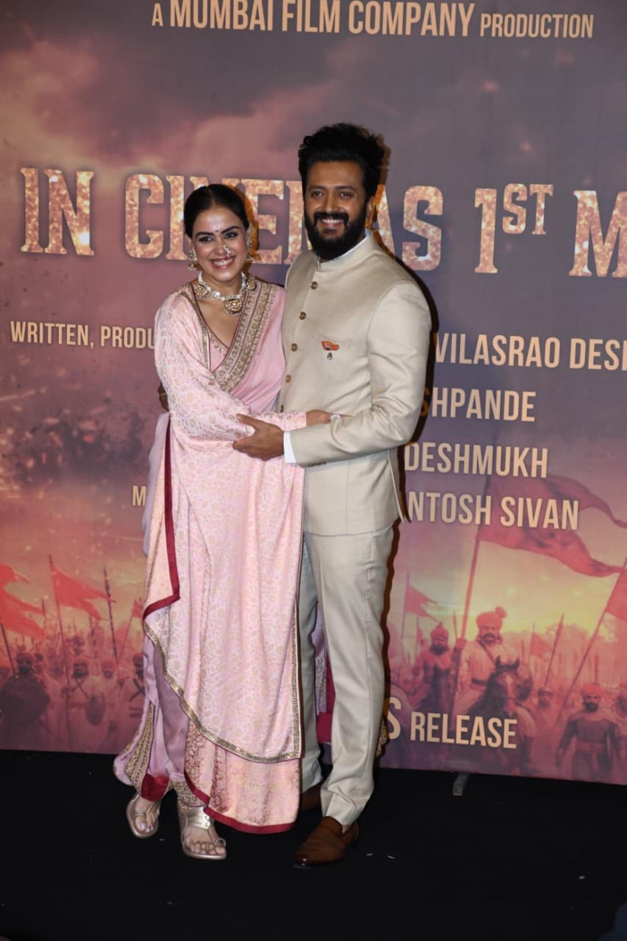Real and reel life couple, Riteish and Genelia, who play Shivaji Maharaj and his wife, Saibai, were seen posing together adorably at the trailer launch.